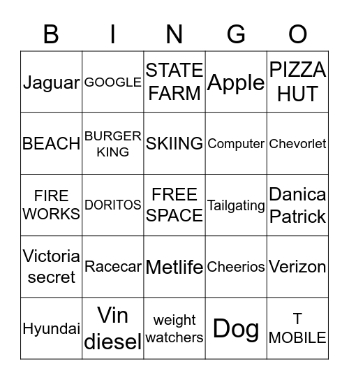 SUPER BOWL COMMERCIAL Bingo Card