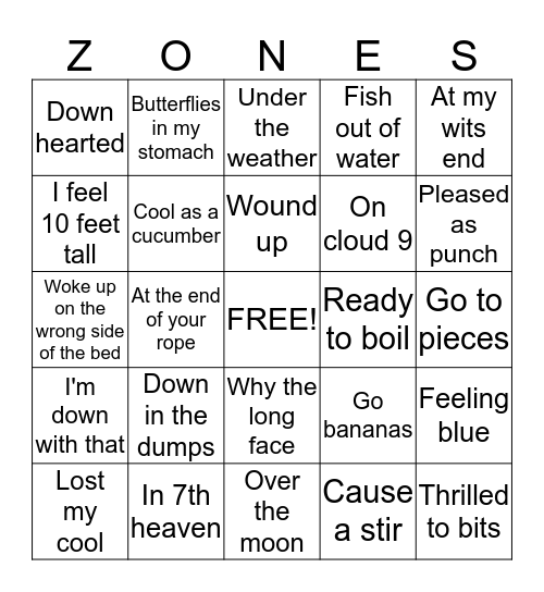 Zones Sayings Bingo Card