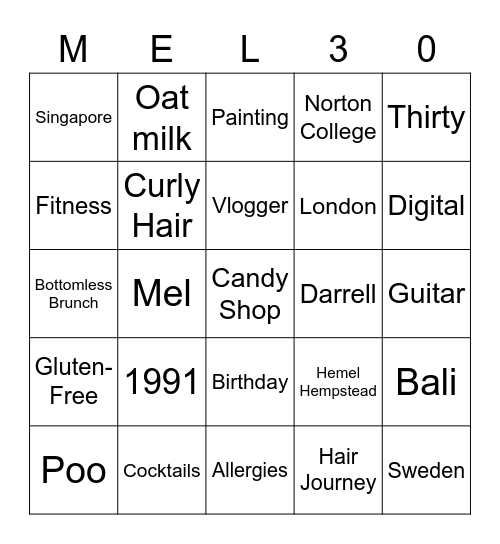 Mel's 30th Birthday Bingo Card