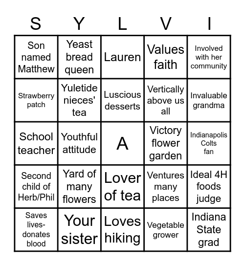 Happy Birthday Sylvia Bingo Card