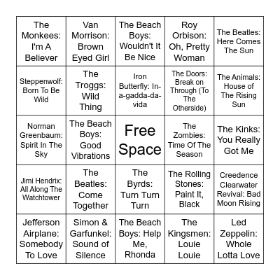1960s Bingo Card