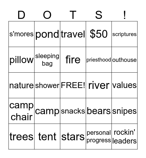 Girls Camp Bingo Card