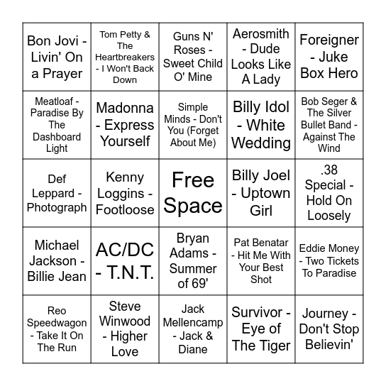 1980s Bingo Card