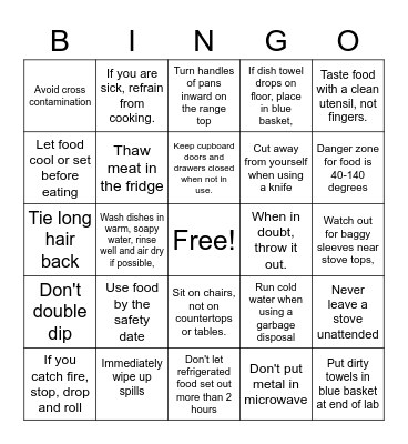 Food/Kitchen Safety Bingo Card