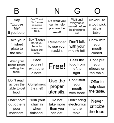 Dining in Style! Bingo Card