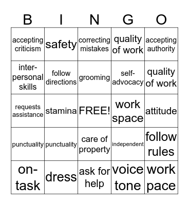 Employment Skills  Bingo Card