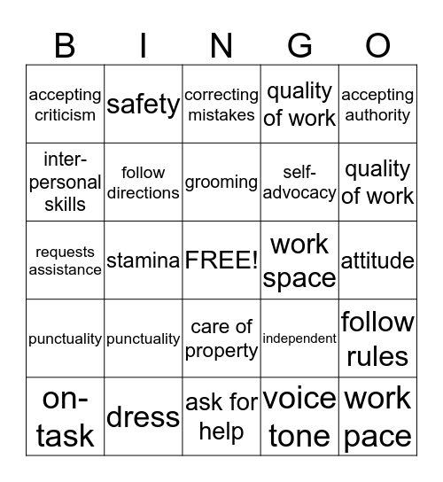 Employment Skills  Bingo Card