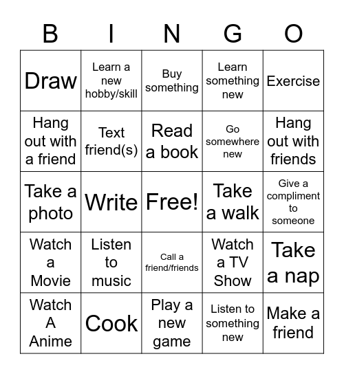 Things you did this week Bingo Card