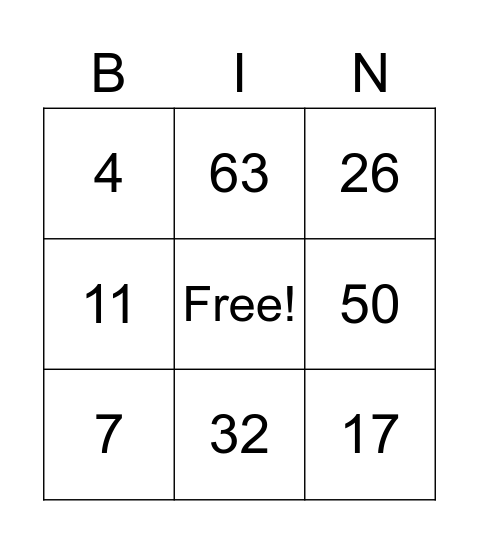 numbers Bingo Card