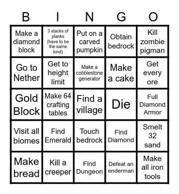 Paper Minecraft Bingo Card