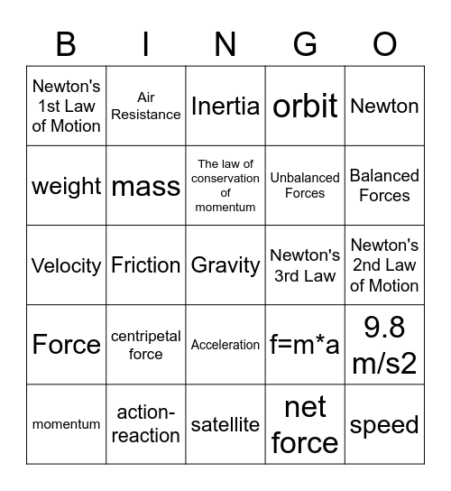 Newton's Laws Bingo Card