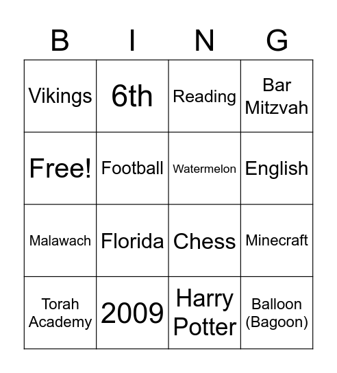 Meir’s Birthday Bingo Card