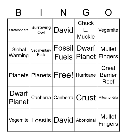 English and Science Bingo Card