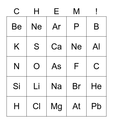 Periodic Table Element Bingo Card