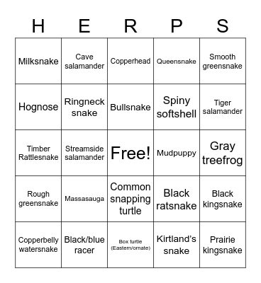 Herps of Indiana Bingo Card