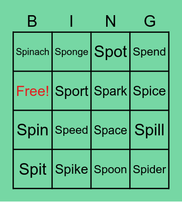 intial /sp/ blends Bingo Card