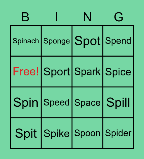 intial /sp/ blends Bingo Card