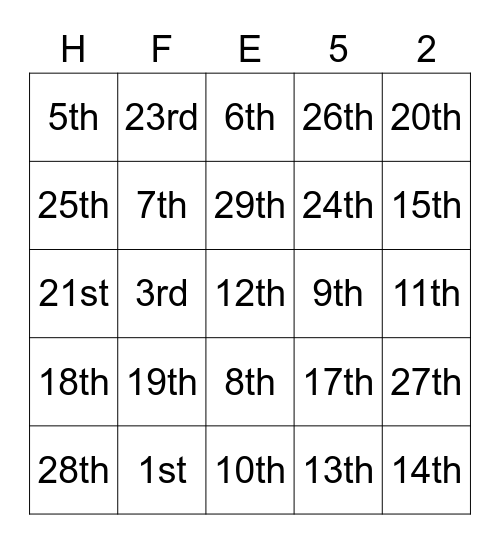 ORDINAL NUMBERS Bingo Card