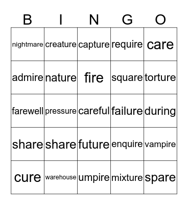 are - ire - ure Bingo Card