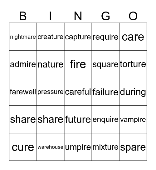 are - ire - ure Bingo Card