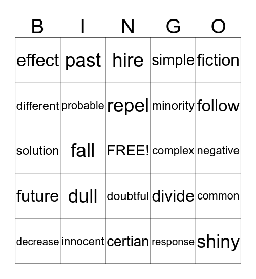 Antonyms Bingo Card