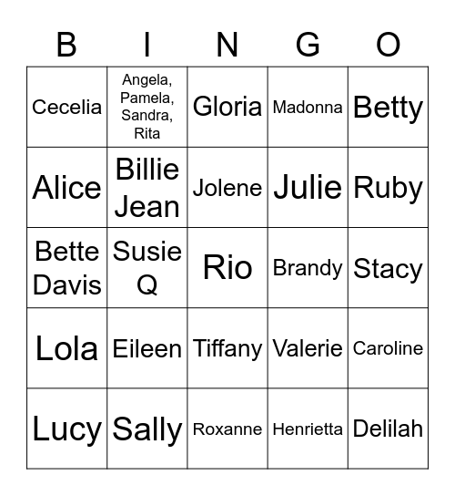 Women's Names Bingo Card