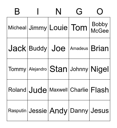 Mens Names Bingo Card
