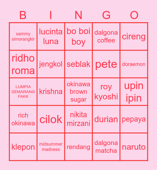 Bingo Punya Sasuke Bingo Card