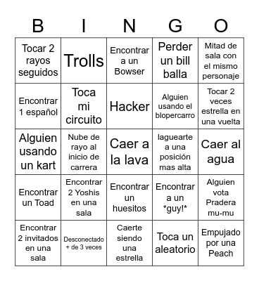 Mario kart Wii Bingo Card