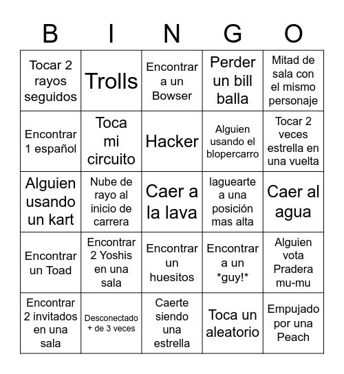 Mario kart Wii Bingo Card