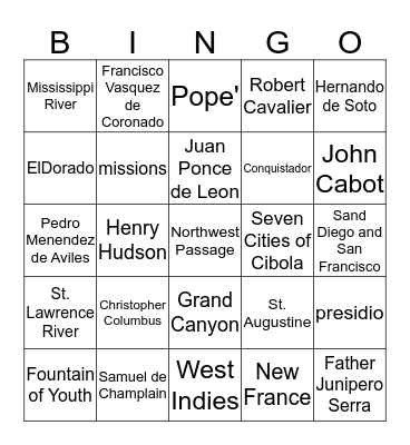 Explorers Bingo Card