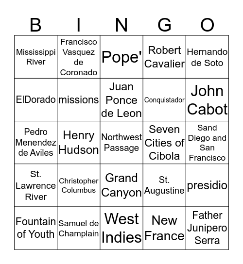 Explorers Bingo Card