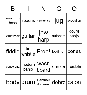 Common Folk Instruments Bingo Card