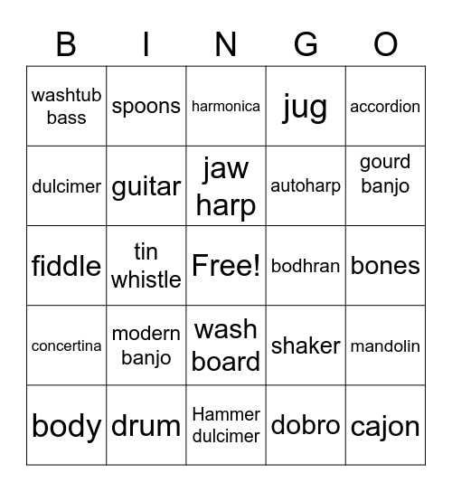 Common Folk Instruments Bingo Card