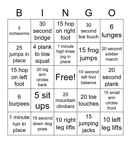Elementary Fitness Bingo Card