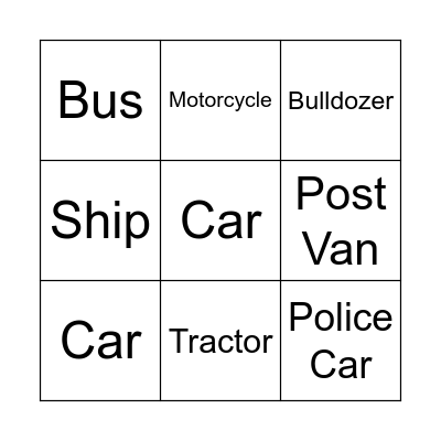 Vehicle Bingo Card