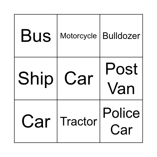 Vehicle Bingo Card