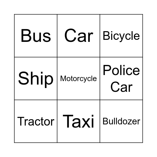 Vehicle Bingo Card