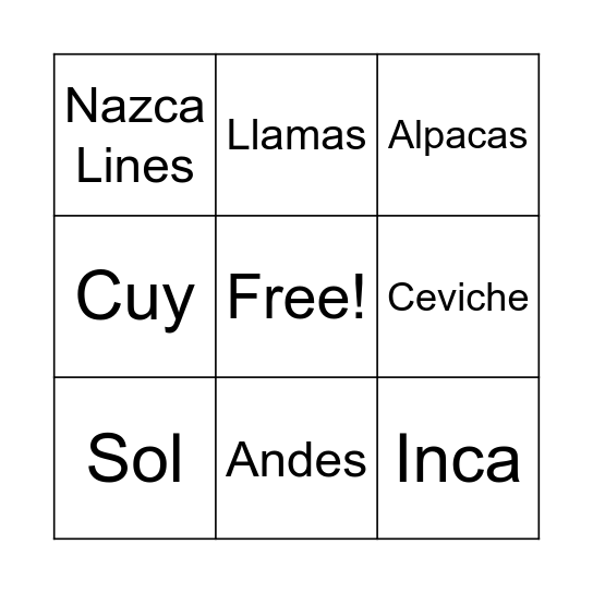 Peru Bingo Card