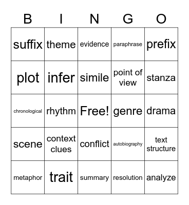 4th Grade Random Words Bingo Card