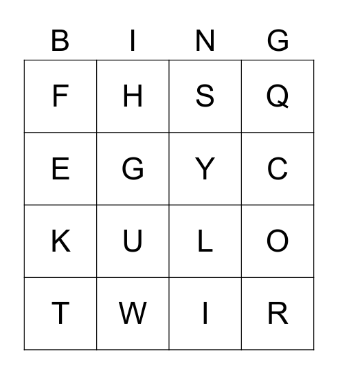 Uppercase Letters Bingo Card