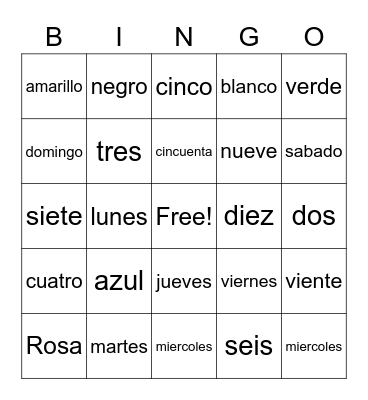 Spanish Review Bingo Card