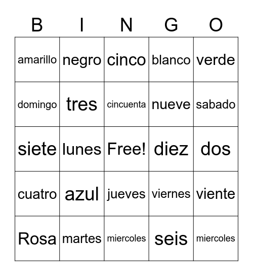 Spanish Review Bingo Card