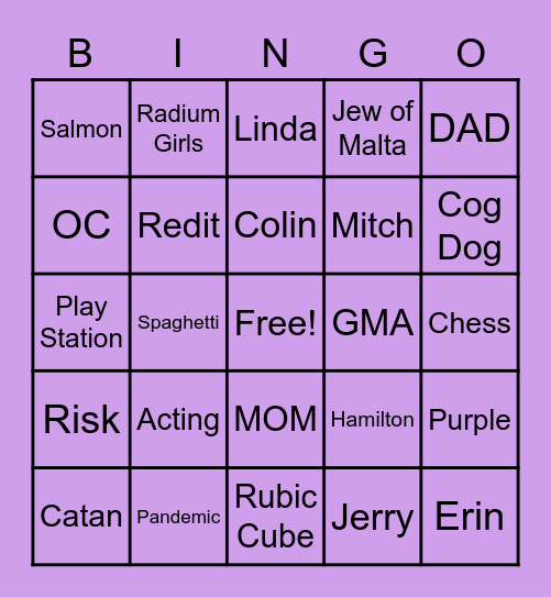 All about AJ Bingo Card