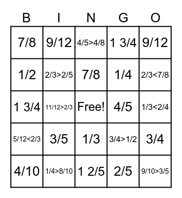 Fraction Review Bingo Card