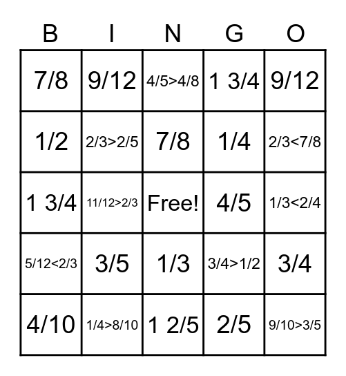 Fraction Review Bingo Card