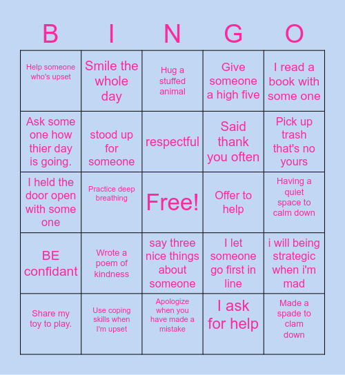 SEL Activites Bingo Card