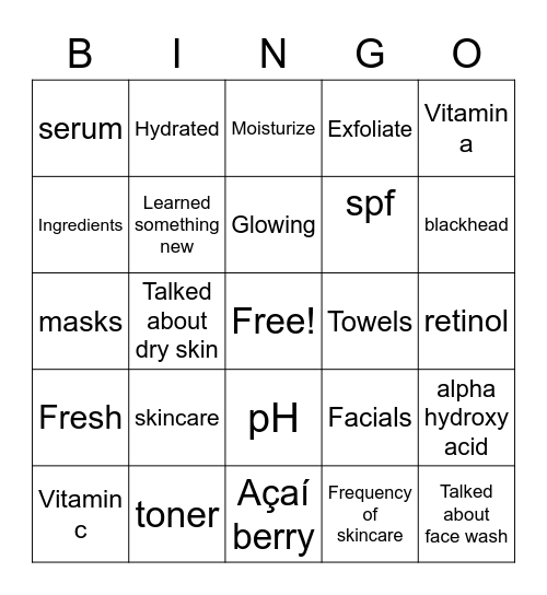 Skincare word Bingo Card
