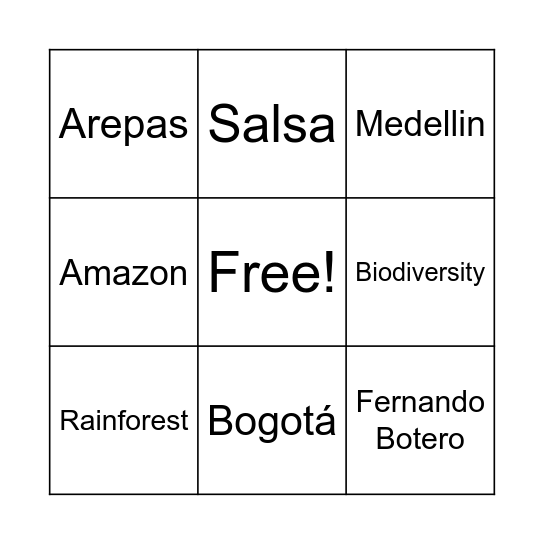 Colombia Bingo Card