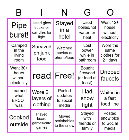 Houston Snowpocalypse 2021 Bingo Card